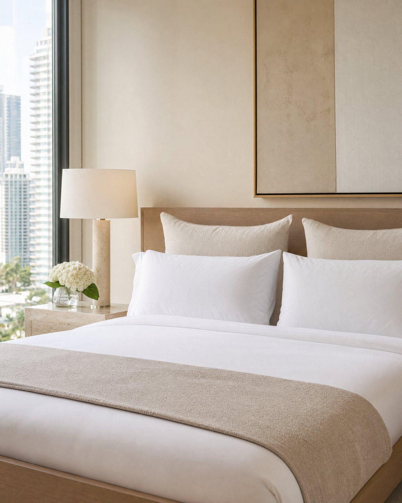 A made bed with squared pillows and a folded throw