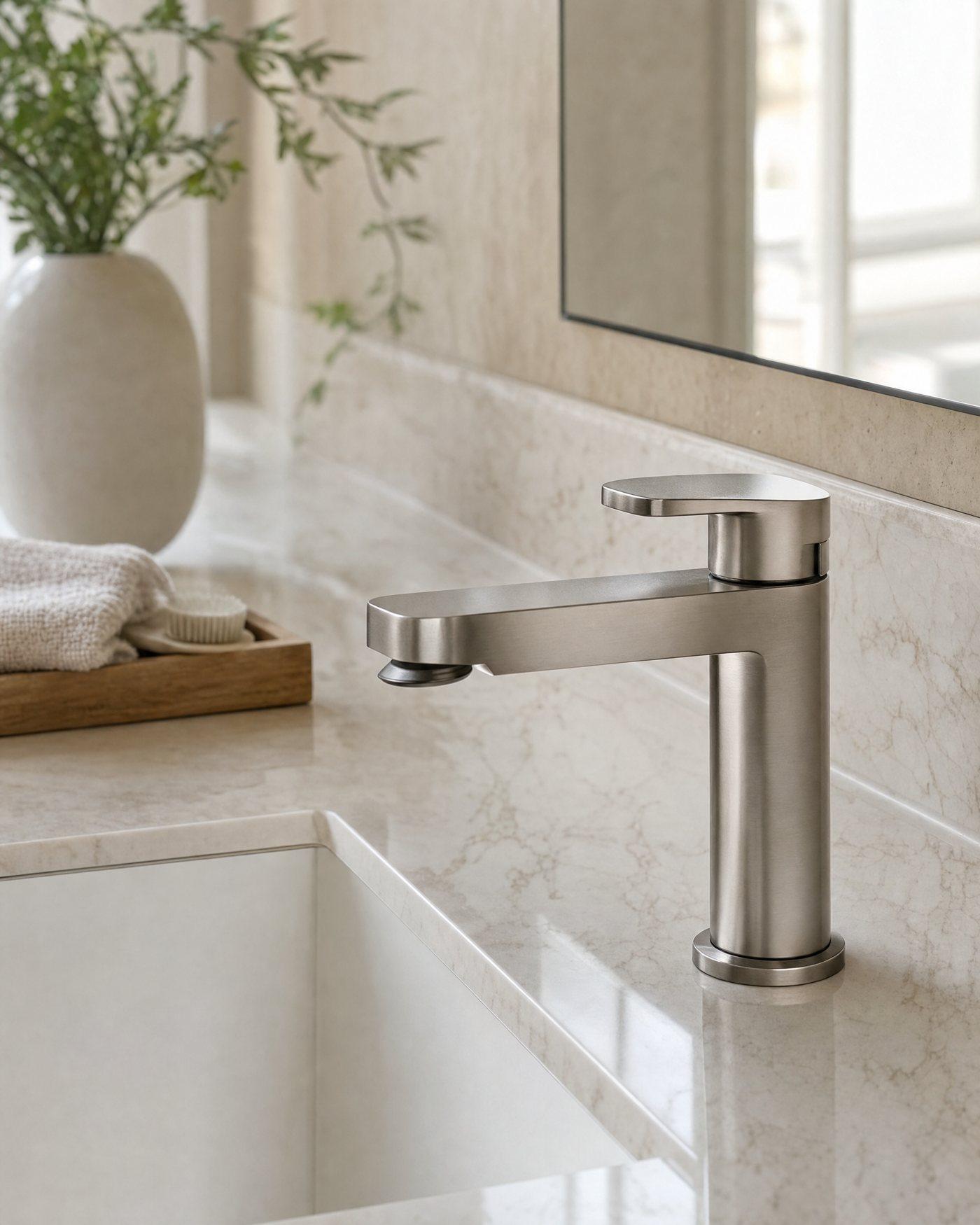 A brushed nickel faucet wiped dry