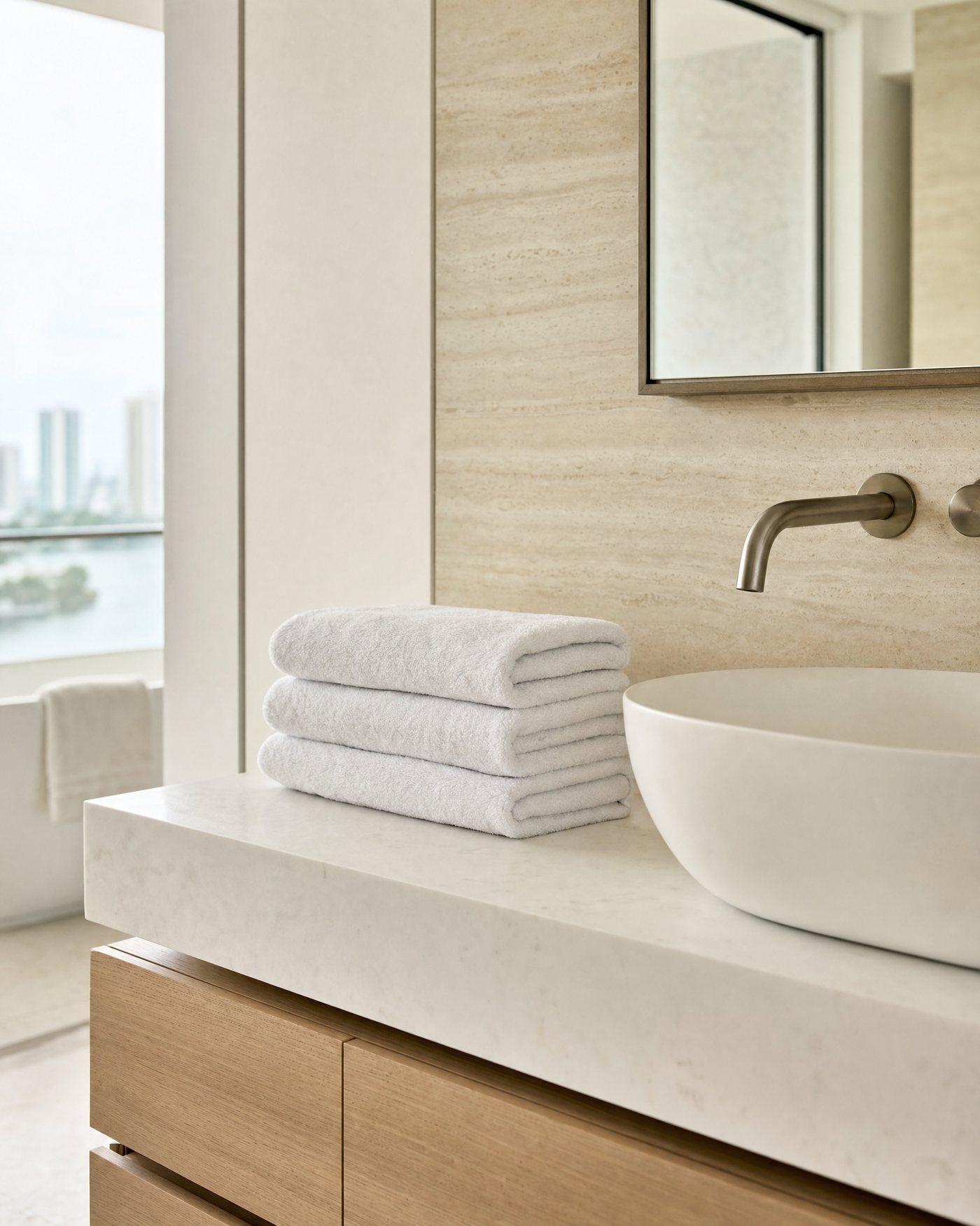 Towels folded in thirds on a marble vanity